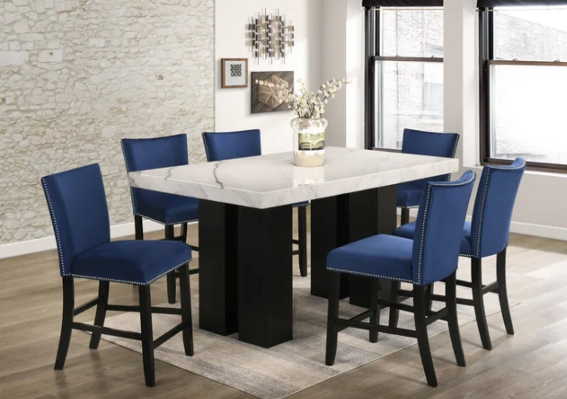 Finley Blue - (GENUINE MARBLE) Counter Height Table & 6 Chairs